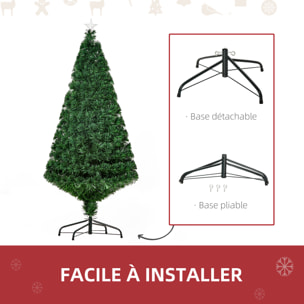 Sapin de Noël artificiel lumineux fibre optique multicolore + support pied Ø 75 x 150H cm 180 branches étoile sommet brillante vert