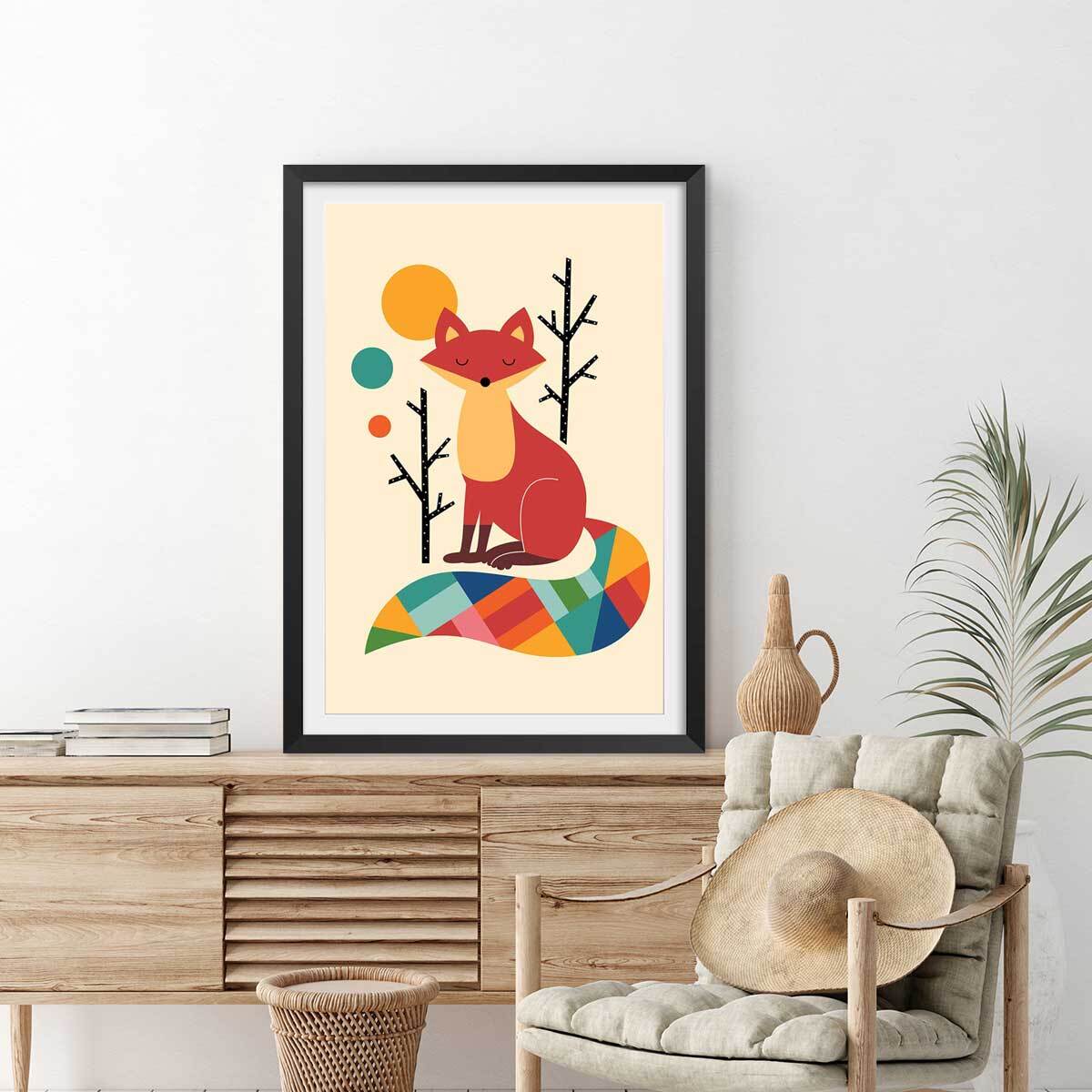 Affiche enfant rainbow fox Affiche + cadre en bois - Noir