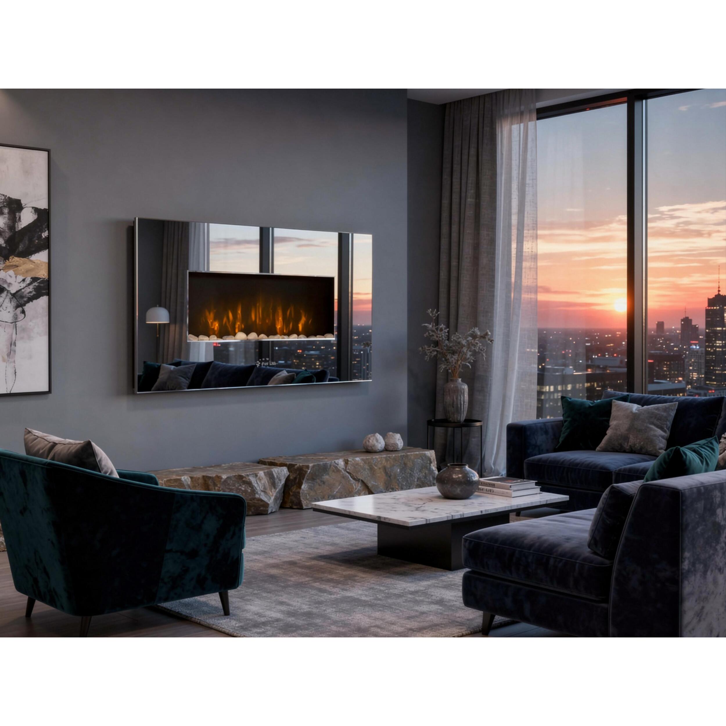 Cheminée électrique en verre trempé effet miroir avec télécommande