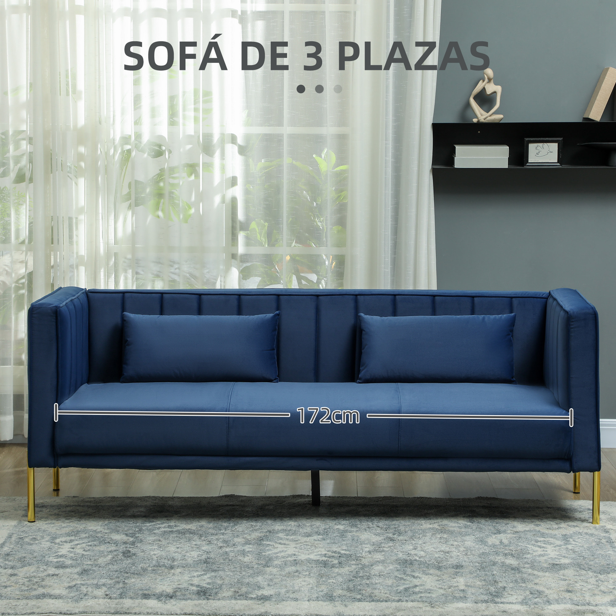 Sofá de 3 Plazas Sofá de Salón de 194,5 cm Tapizado en Terciopelo con 2 Almohadas Reposabrazos y Patas Doradas para Sala de Estar Azul Marino