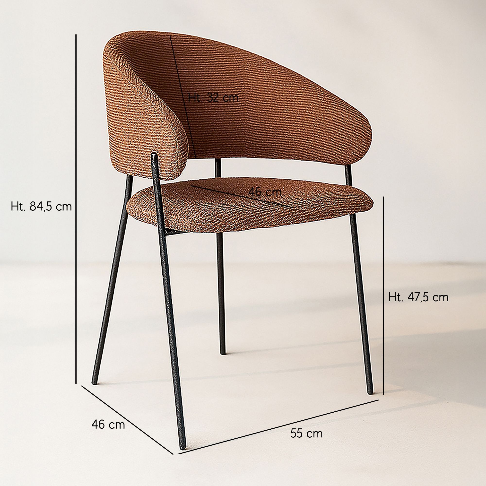 Lot de 2 fauteuils de table en tissu terracotta et pieds en métal noir EROS