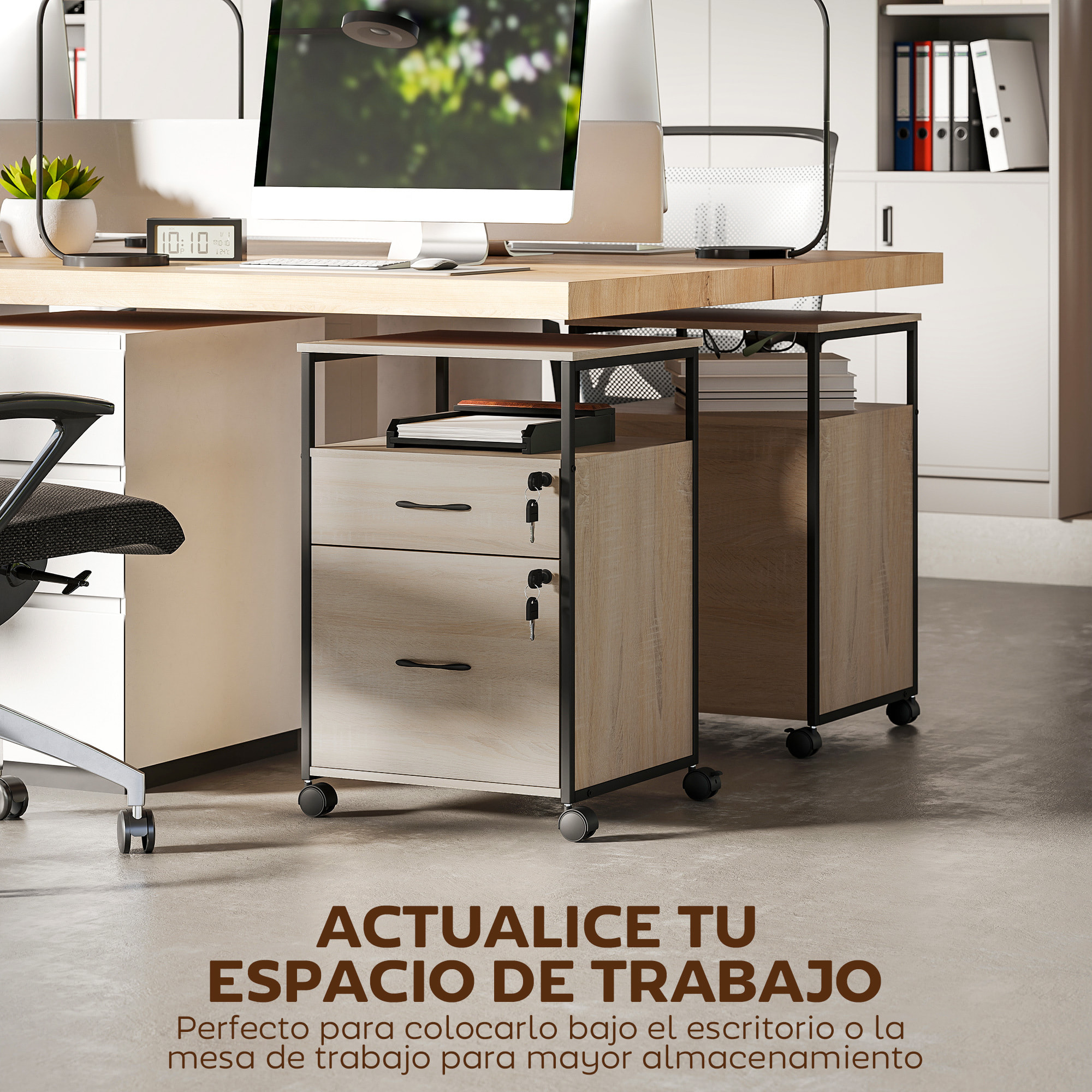 Cajonera de Oficina con 2 Cajones, Cajonera de Escritorio con Ruedas, Barra Colgante, Cerradura y 2 Llaves para A4 Carta, Archivador Móvil para Estudio, 44x40x66,5 cm, Natural