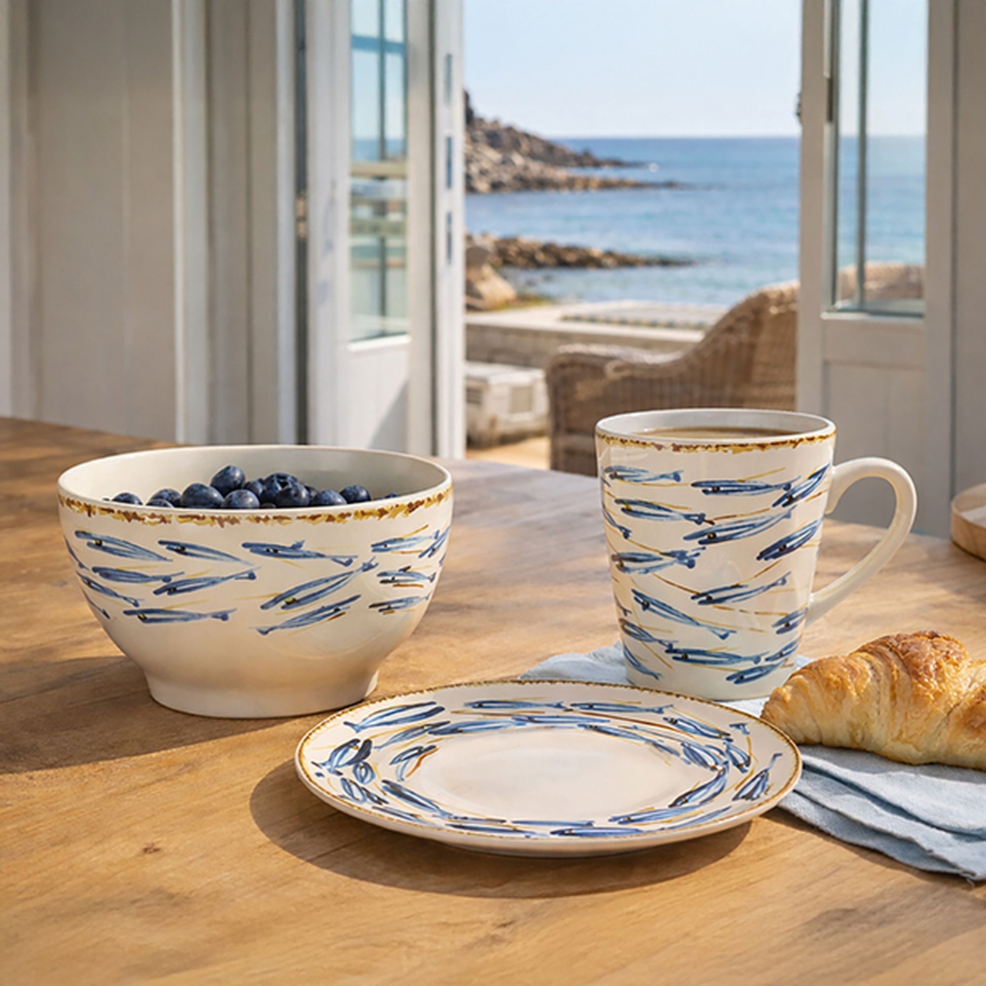 Lot de 6 bols 70cl en grès à motif poisson MARIUS