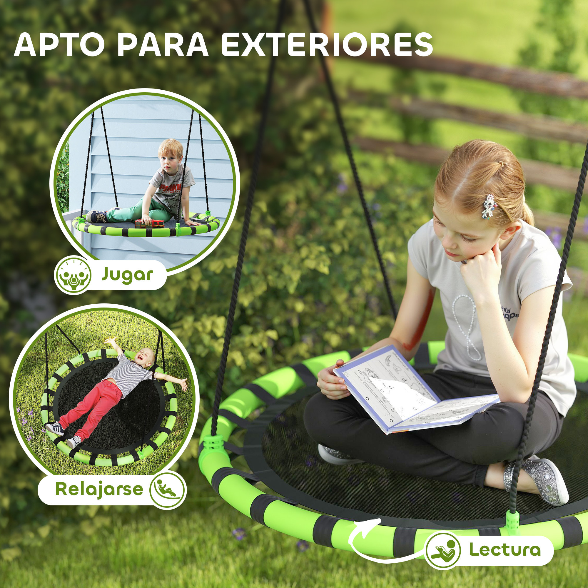 Columpio para Niños Redondo Columpio Jardín Exterior Ajustable Columpio Infantil Impermeable Carga 150 kg Ø100x180 cm Negro y Verde