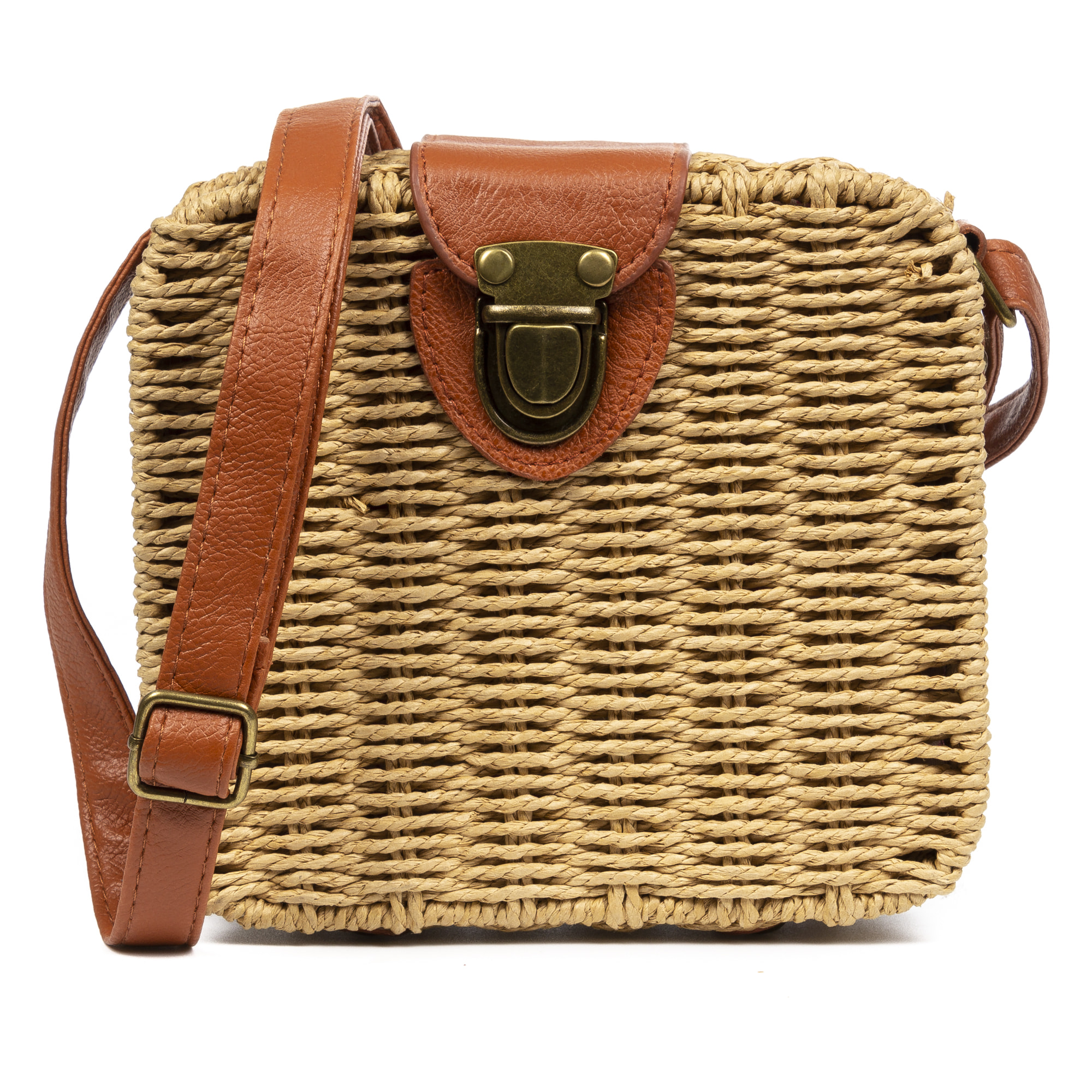 IRIA QUINTANA Borsa a tracolla da donna Empoli. Tessuto Paglia Pelle Sintetica PU 18x7x17 Cm. Colore cammello