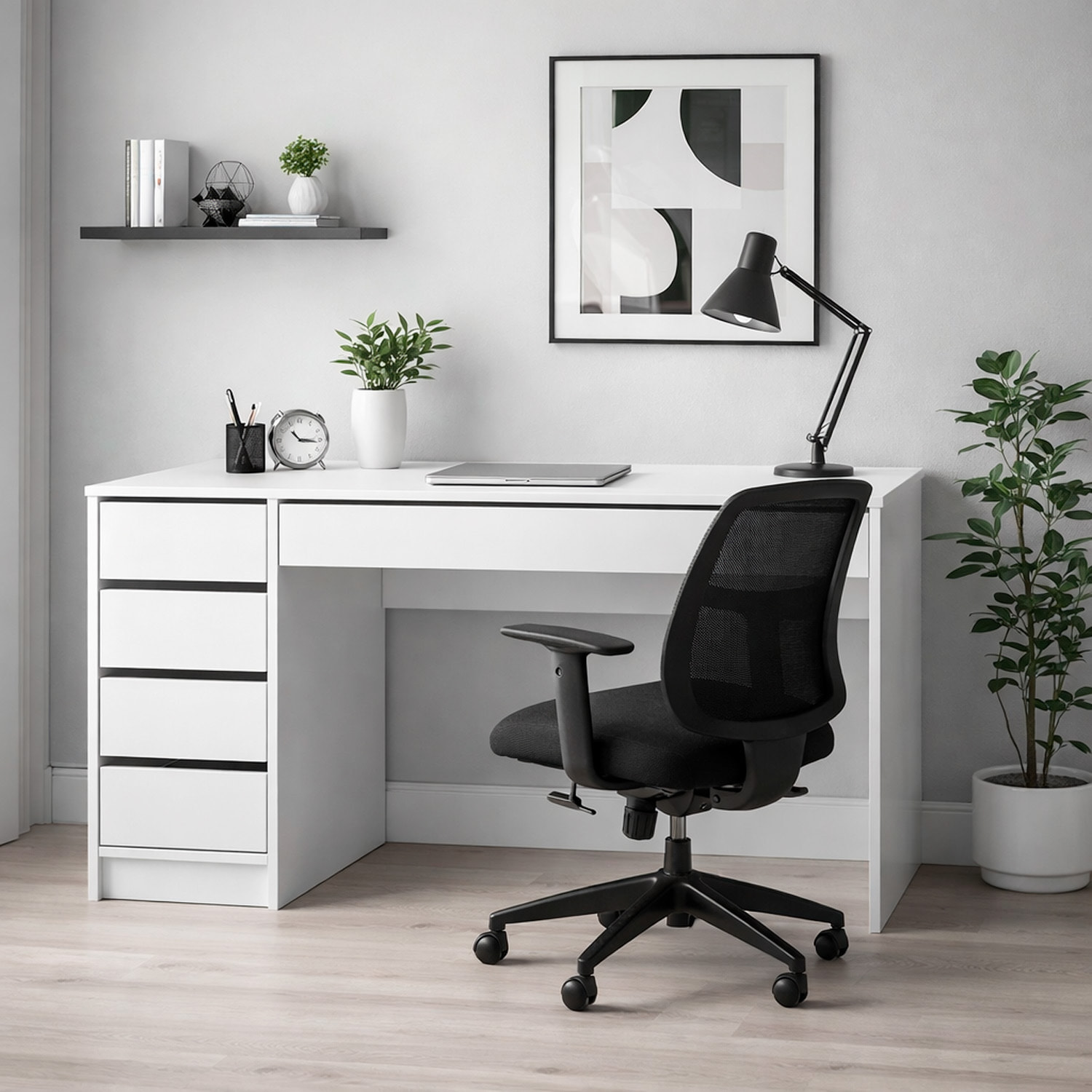 Scrivania moderna con 4 Cassetti e 1 cassettone centrale Ufficio Mobile Desk 120 x 55 x 75 cm  bianco lucido