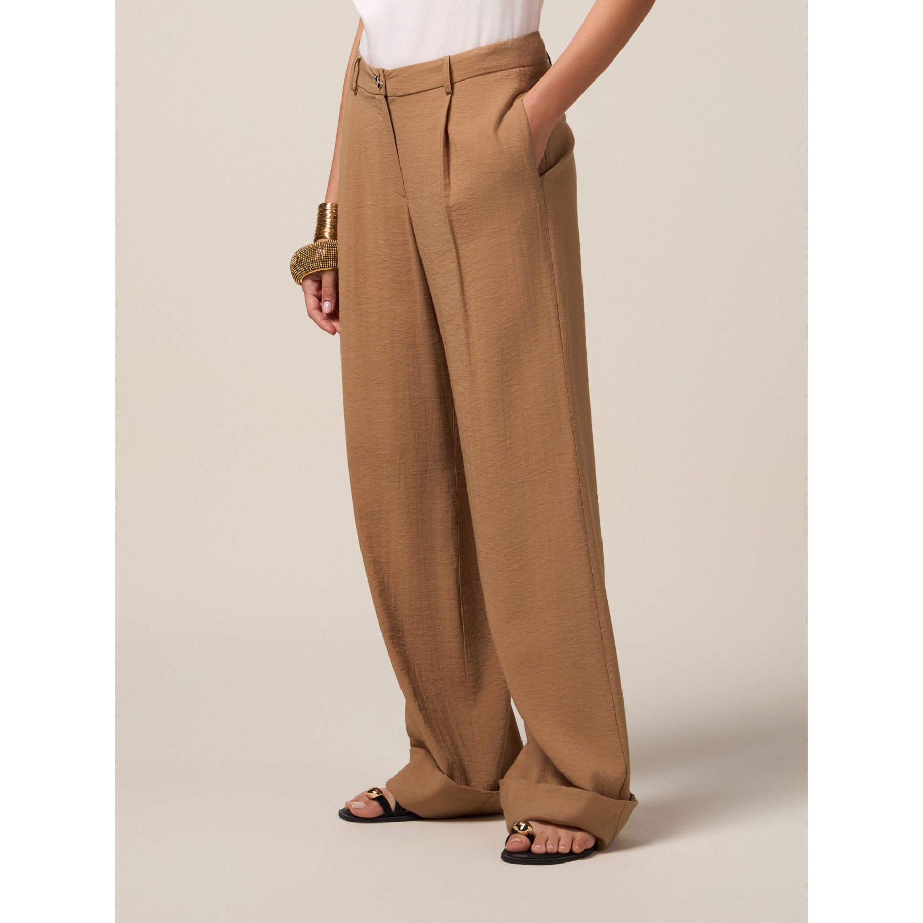 Oltre - Pantaloni palazzo fluidi misto viscosa - Beige