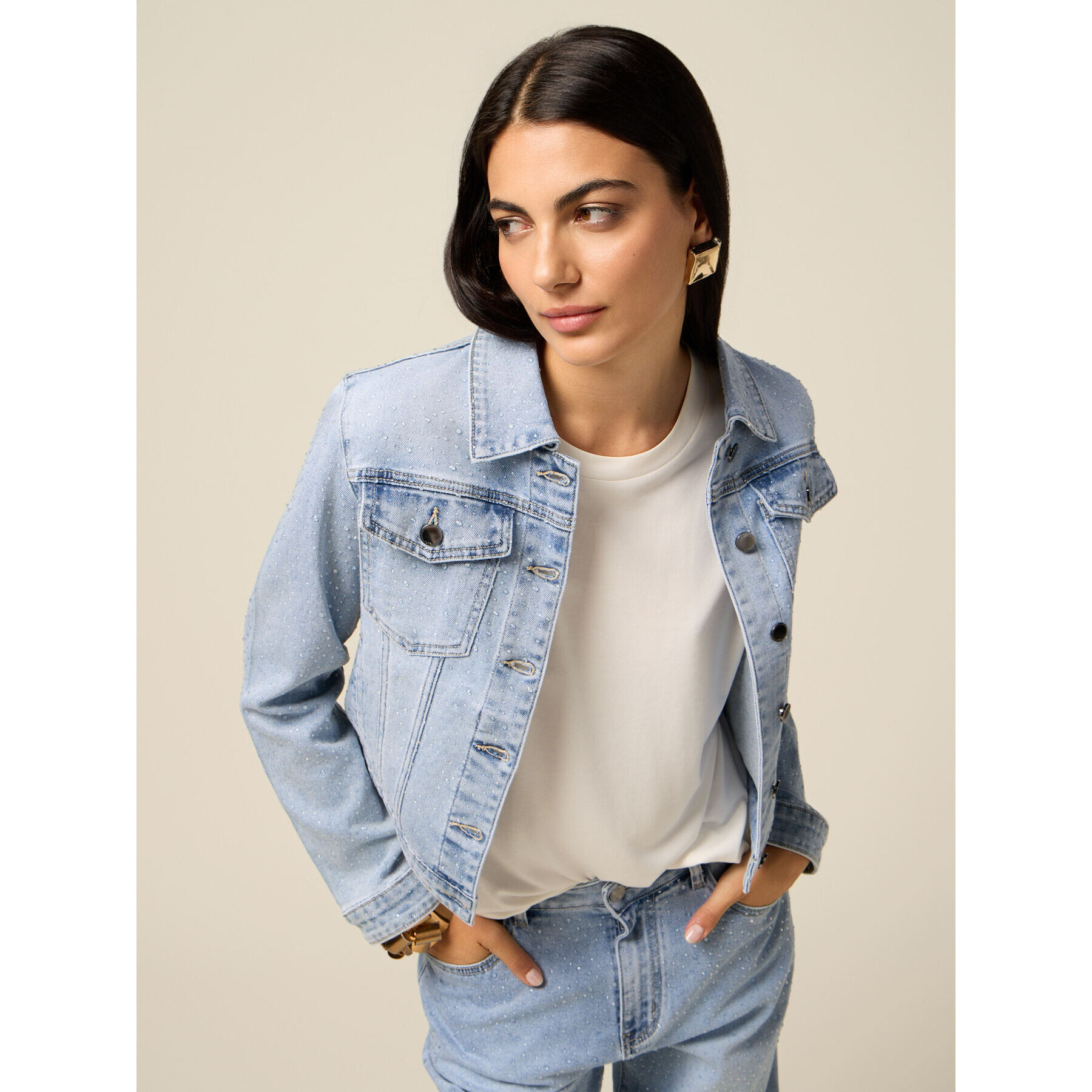 Oltre - Giubbotto denim con micro cristalli - Azzurro