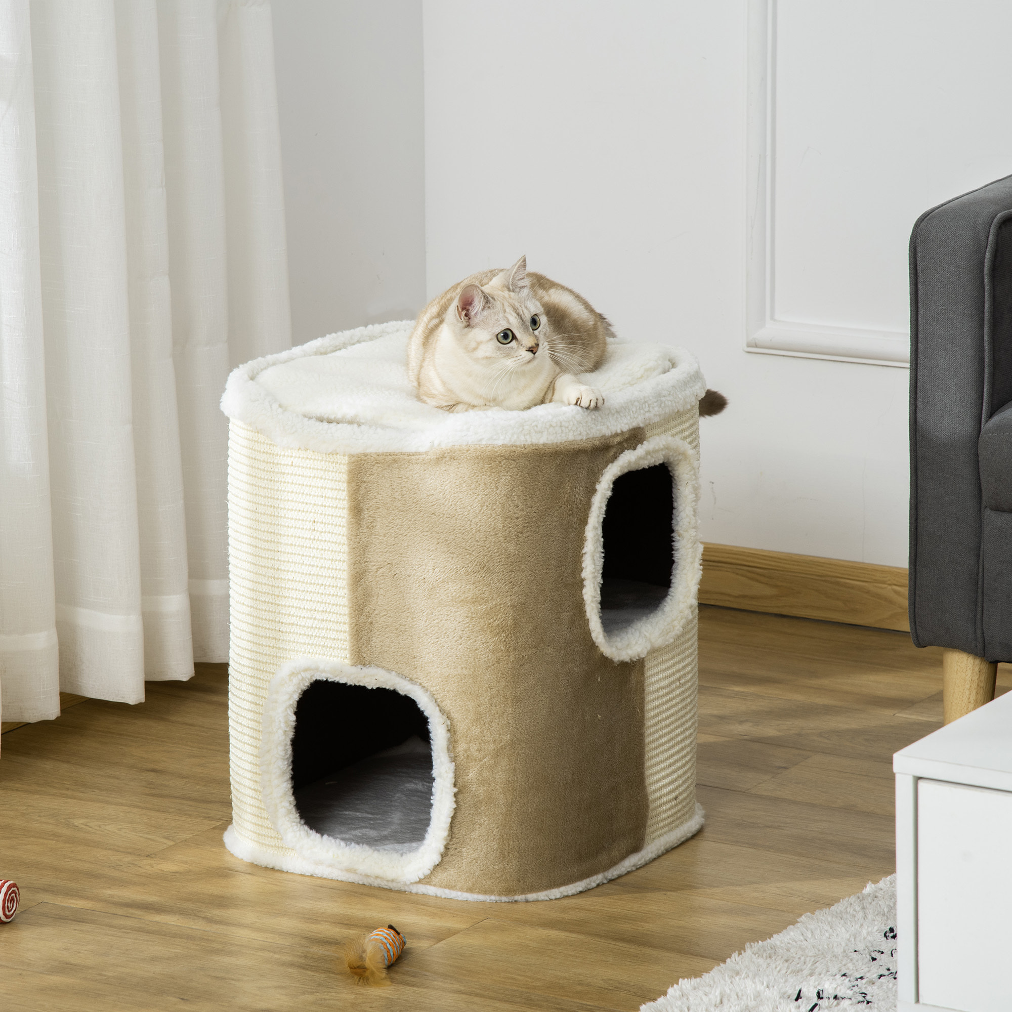 Barril Rascador para Gatos 2 Niveles con Cuevas de Sisal Felpa 40x40x49 cm Beige