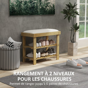 Banc à chaussures style scandinave 3 niveaux bambou bois naturel blanc cassé