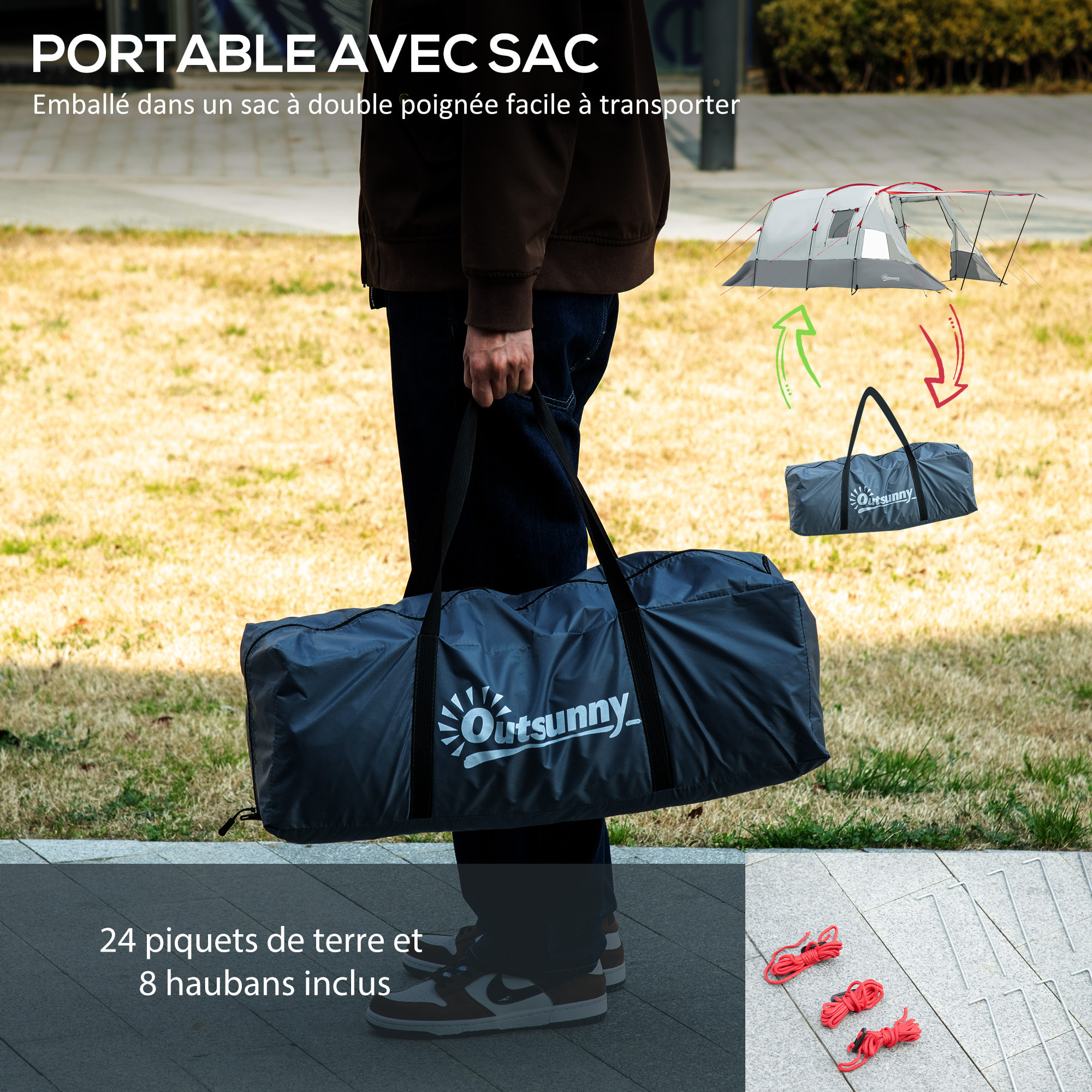 Tente de camping familiale 6-8 personnes - portes, fenêtres, sac de transport - dim. 5,1 x 2,4 x 1,8 cm - gris clair