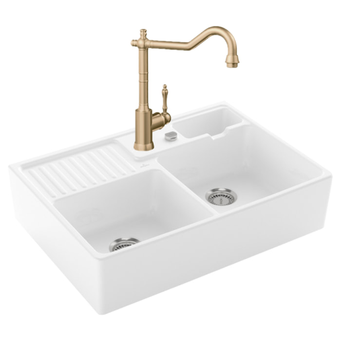 Evier Timbre d'office Tradition 2 bacs vidage auto + Robinet de cuisine Avia 2.0 Or Mat