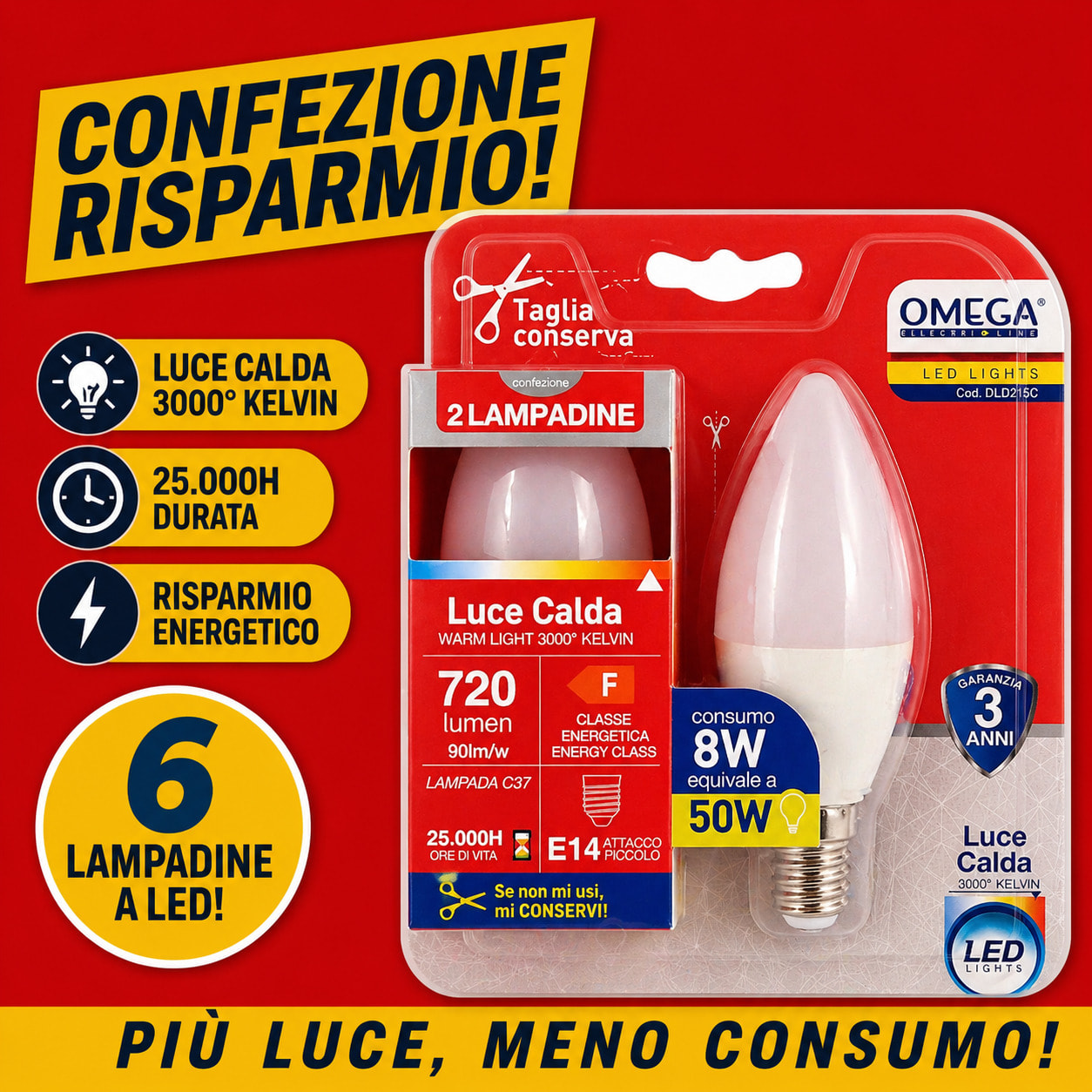OMEGA Set 6 lampadine candela led 8W E14 3000K