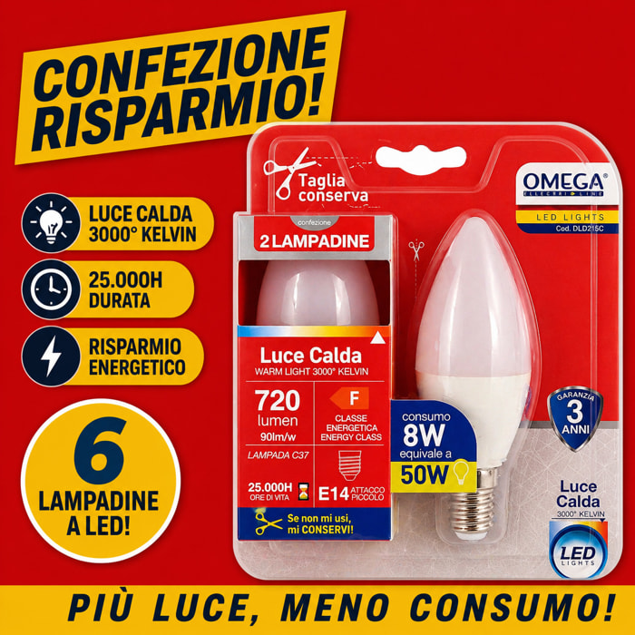 OMEGA Set 6 lampadine candela led 8W E14 3000K