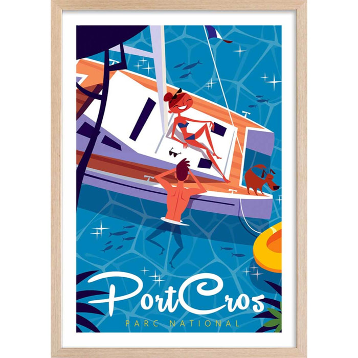 Poster de baignade à port cros Affiche + cadre en bois - Chêne