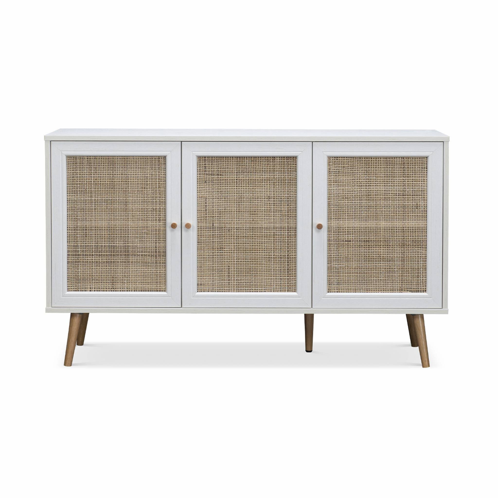 Buffet de rangement en cannage. blanc 120x39x70cm  - Bohème - 2 niveaux. 3 portes. pieds scandinaves. buffet bas