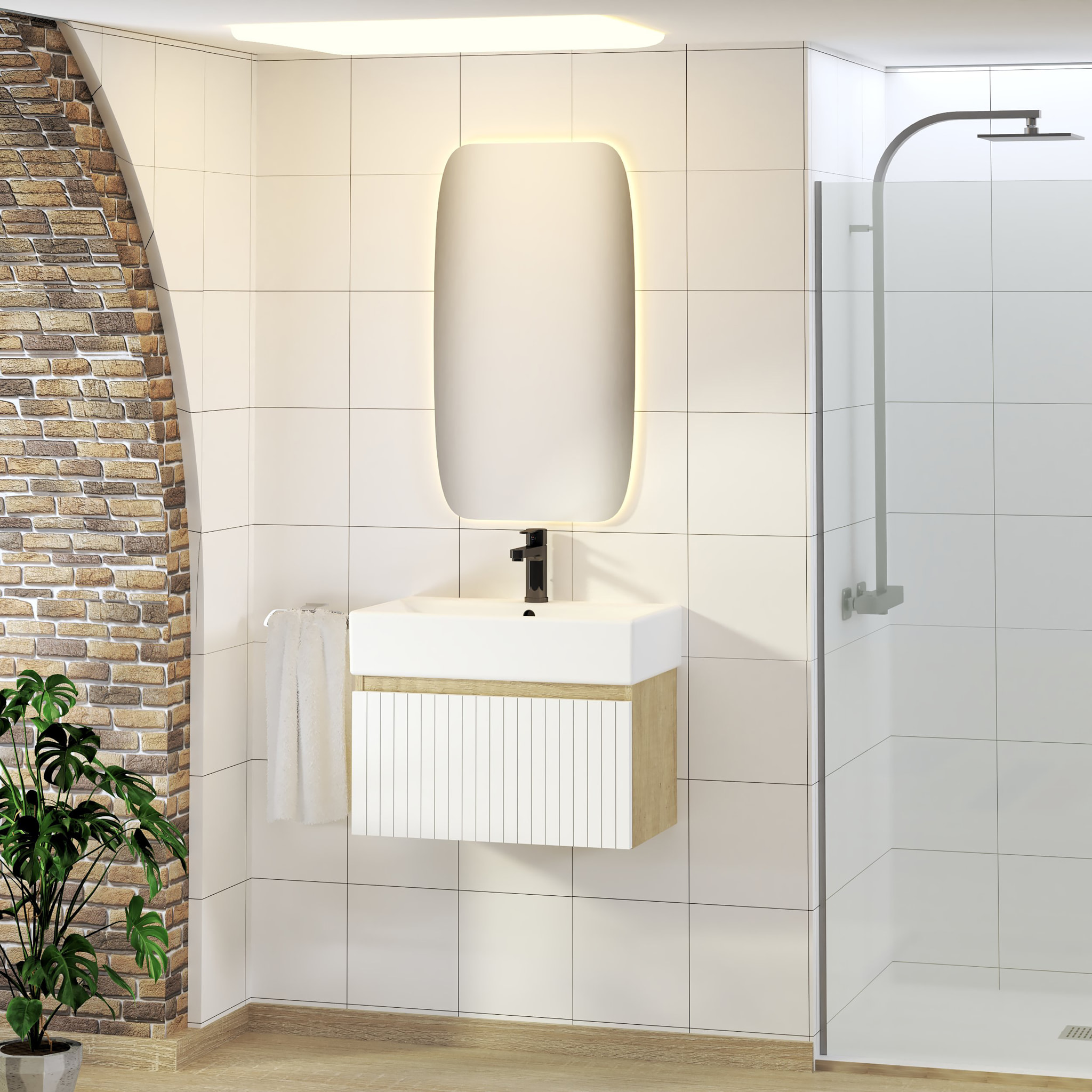 Ensemble de Salle de Bain Zel | Meuble Suspendu | 60 cm Blanc | Un Tiroir | Lavabo Encastré | Miroir non inclus | Meuble Monté | Alday