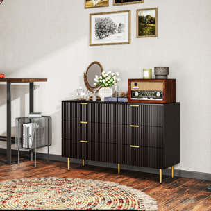 Commode 6 tiroirs design effet cannelé piètement poignées métal doré noir