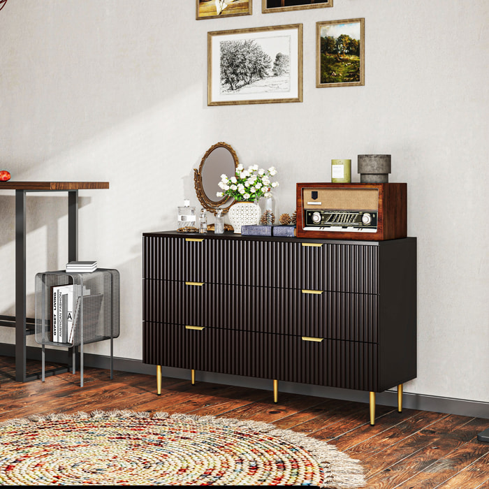 Commode 6 tiroirs design effet cannelé piètement poignées métal doré noir