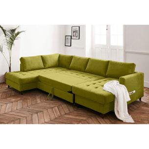 Anna - canapé panoramique d'angle gauche - 7 places - convertible avec coffre - en velours - Vert Olive