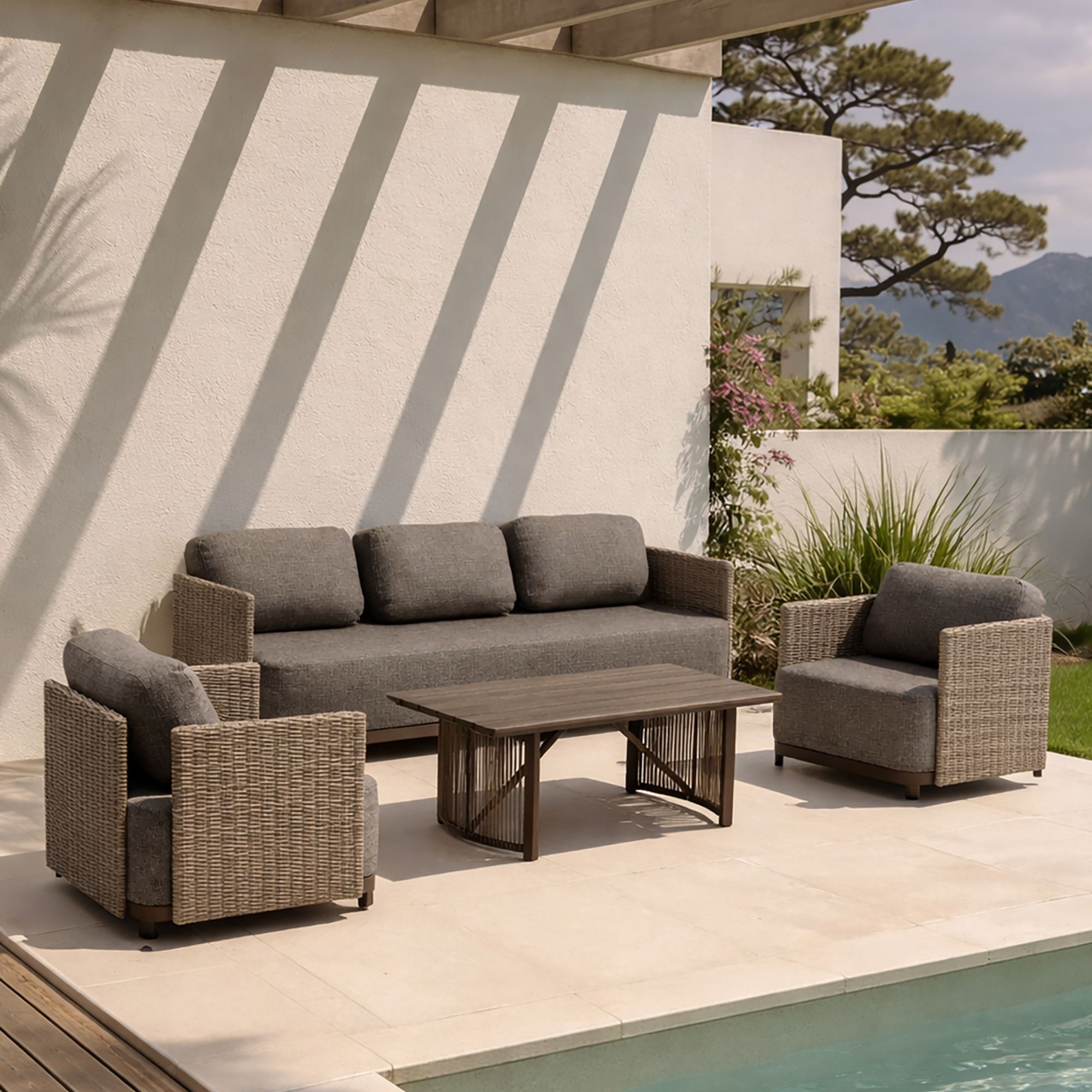 Salon de jardin 5 places résine tressée et structure aluminium moka  MADRAGUE