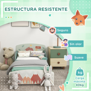 Conjunto para Niños Incluye 1 Cama Infantil 1 Estantería para Juguetes con Pizarra Pintable y 1 Organizador de Juguetes con 6 Cajas de Tela Extraíbles Verde