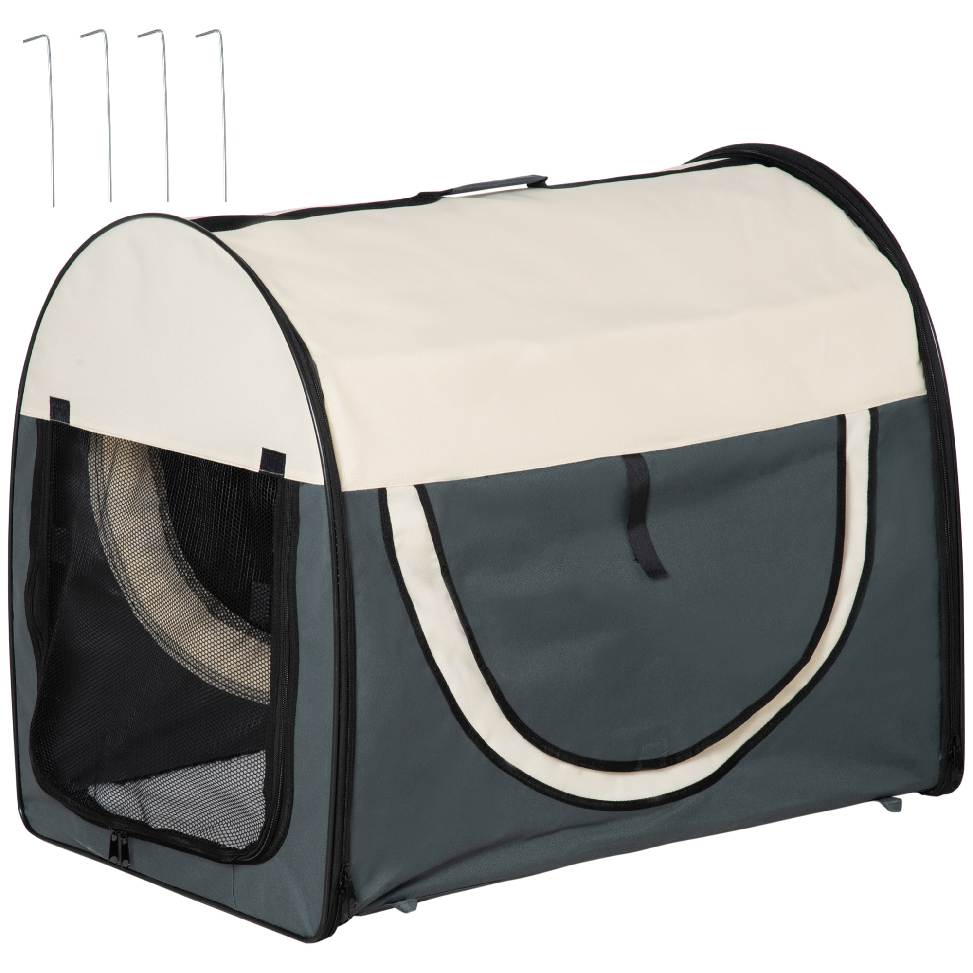 Sac de transport pliable chien chat - poignée, porte, 3 fenêtres, coussin - gris beige