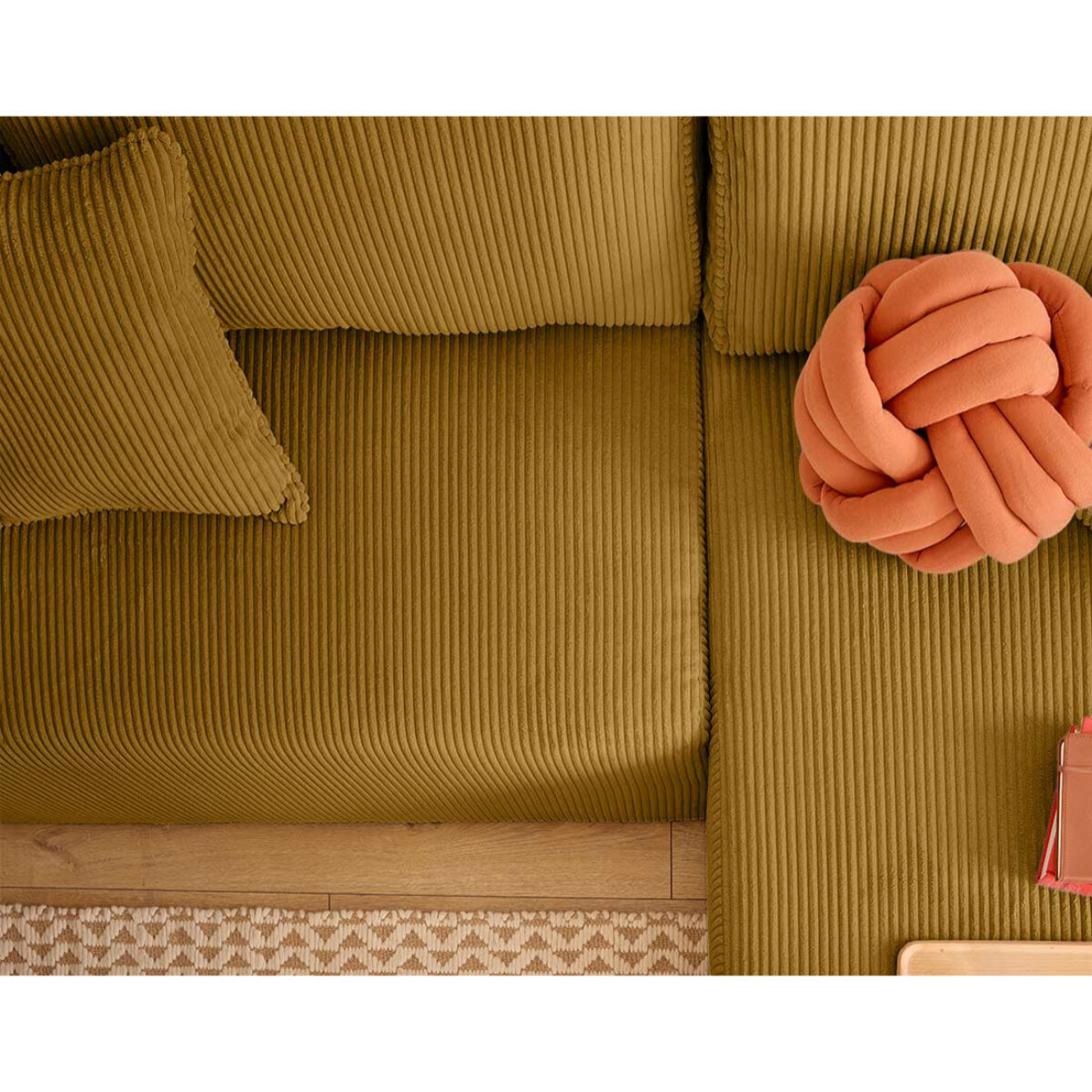 Topaze - canapé d'angle réversible 4 places - convertible avec coffre, tablette et poufs - en velours côtelé - Jaune