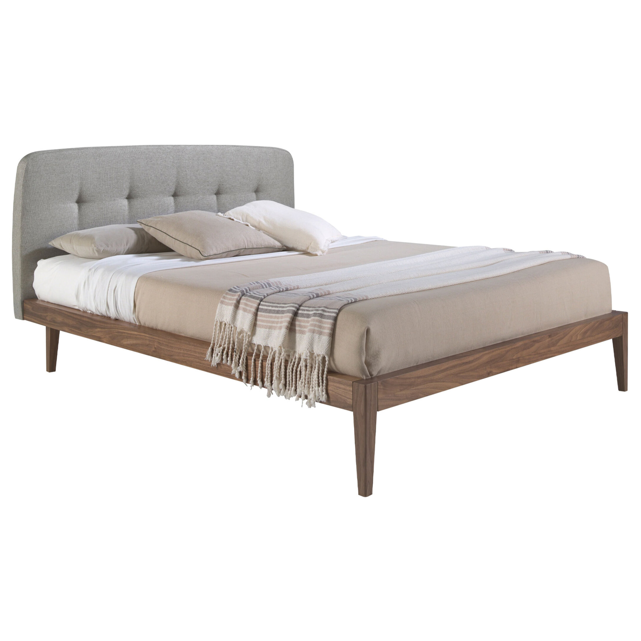 Cama Angel Cerdá capitoné de matrimonio con un cabecero en tela en gris y de madera chapada en nogal natural 172x217x98cm