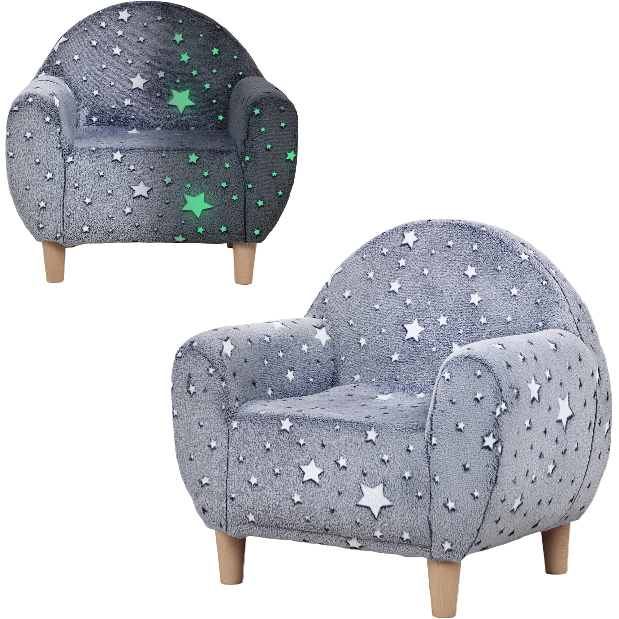 Sillón Infantil con Diseño de Estrellas que Brillan en la Oscuridad Sofá para Niños de 18-36 Meses Tejido Suave de Terciopelo Reposabrazos Carga 45 kg Gris