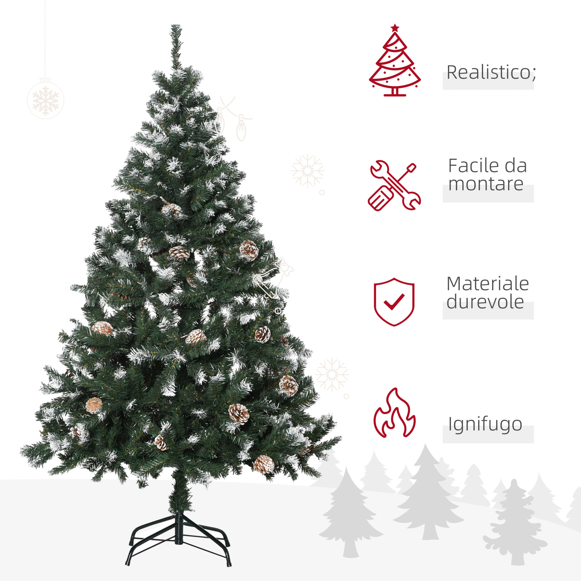 HOMCOM Albero di Natale Artificiale Innevato 150cm con 676 Rami e Pigne, Apertura Automatica e Base Pieghevole, Verde