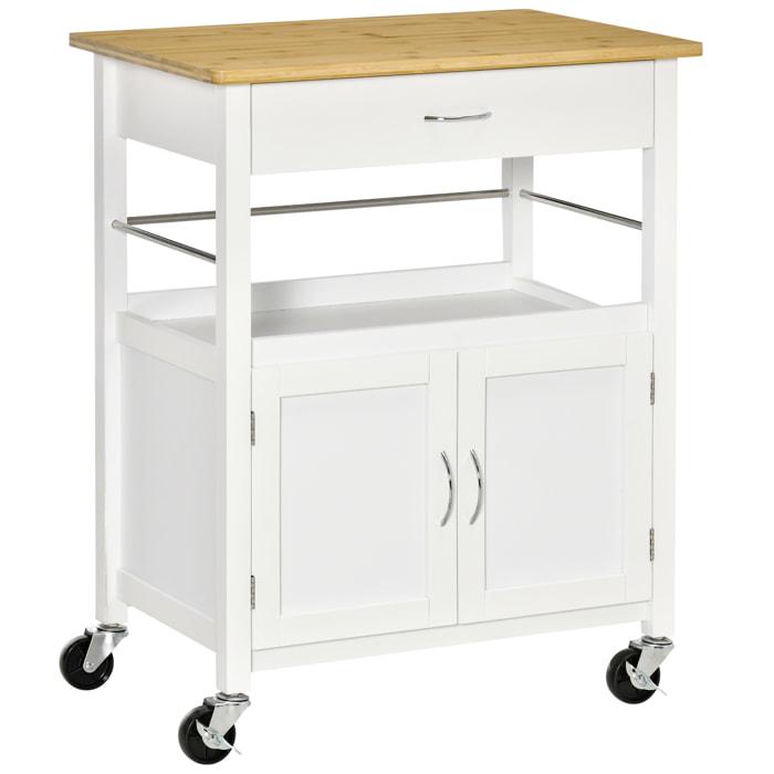 Desserte de cuisine multi-rangements - dim. 73L x 50l x 91H cm - poignées métal MDF blanc plateau bois bambou verni