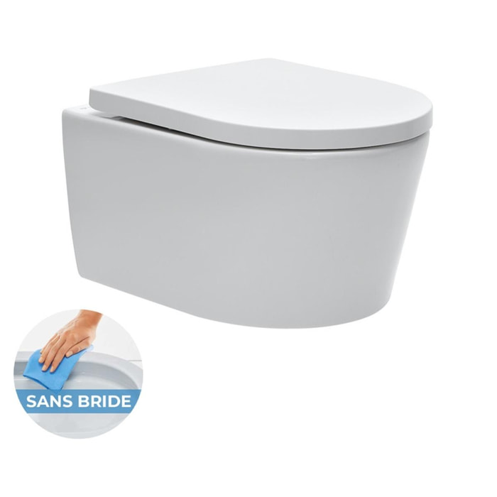Pack WC sans bride SAT, fixations invisibles + Abattant softclose + Bâti support Geberit UP100 + Plaque blanche