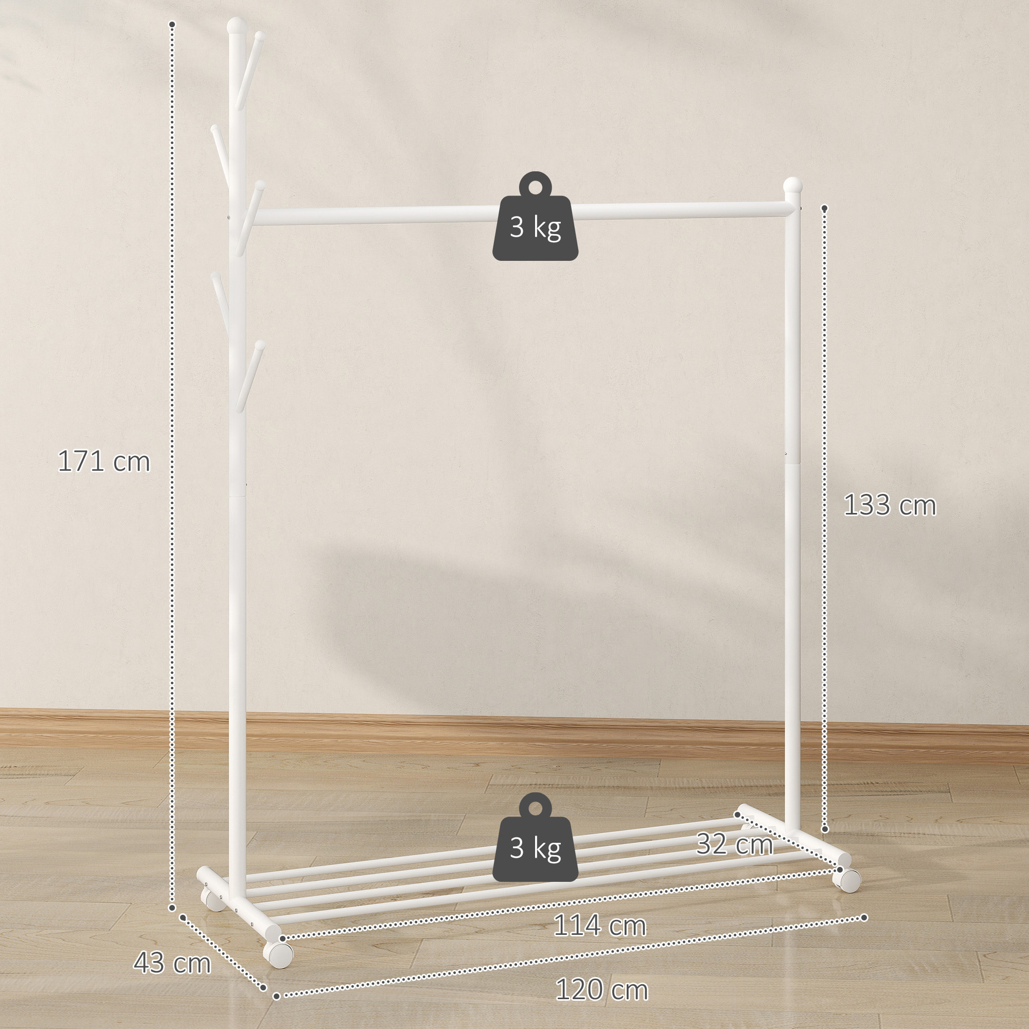 Burro Ropa con Ruedas, Perchero Burro Ropa con 5 Ganchos Barra para Colgar y Balda Inferior Perchero para Recibidor, Entrada, Dormitorio, 120x43x171 cm, Blanco