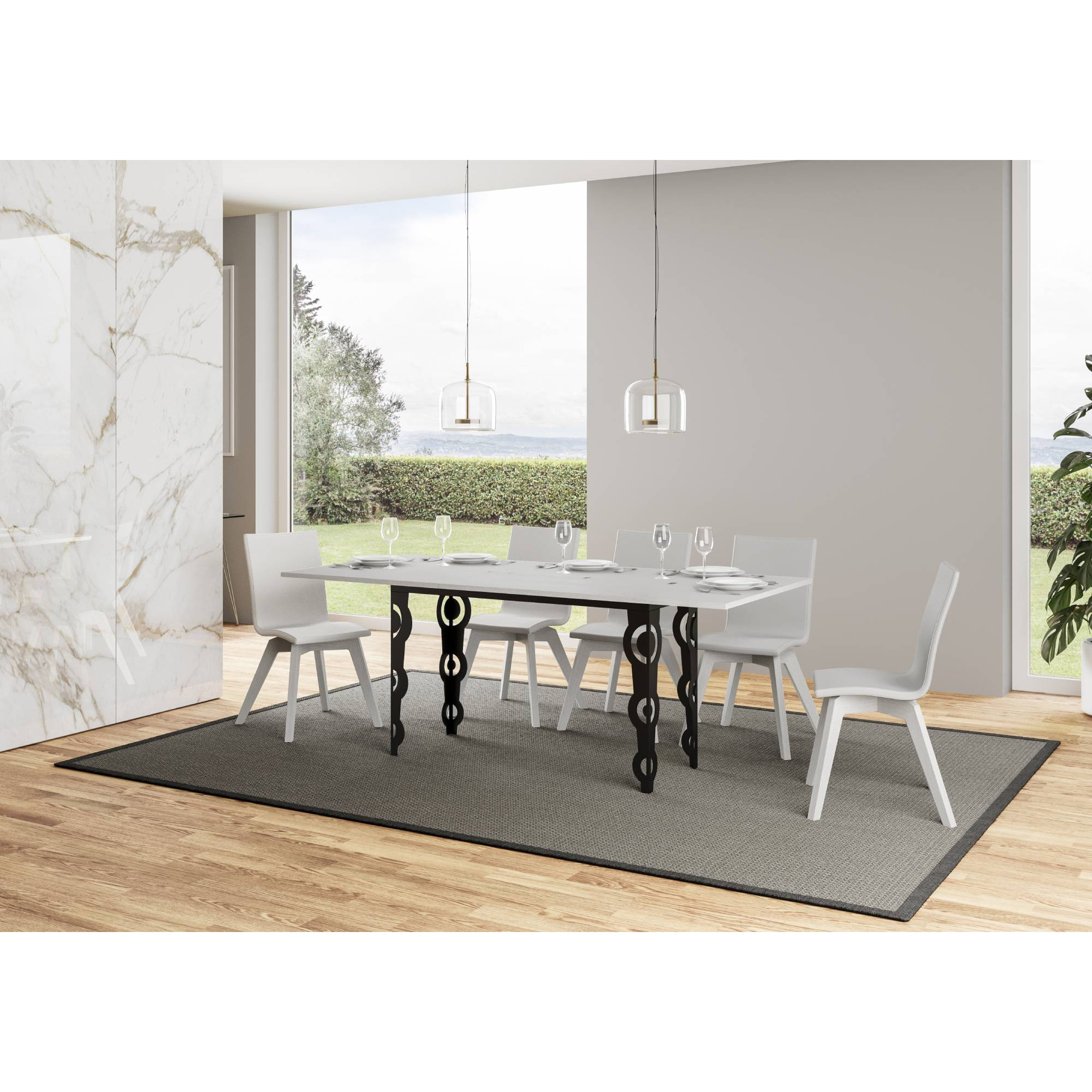 Table Karamay Double Frêne Blanc 120x45 ouverte/Allongée 120x90/200x90 pieds/cadre Anthracite