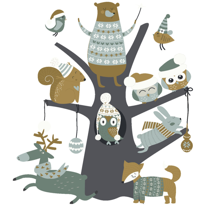 Sticker Noël l'arbre magique des animaux des bois - Autocollants stickers adhésifs noël - décoration fêtes