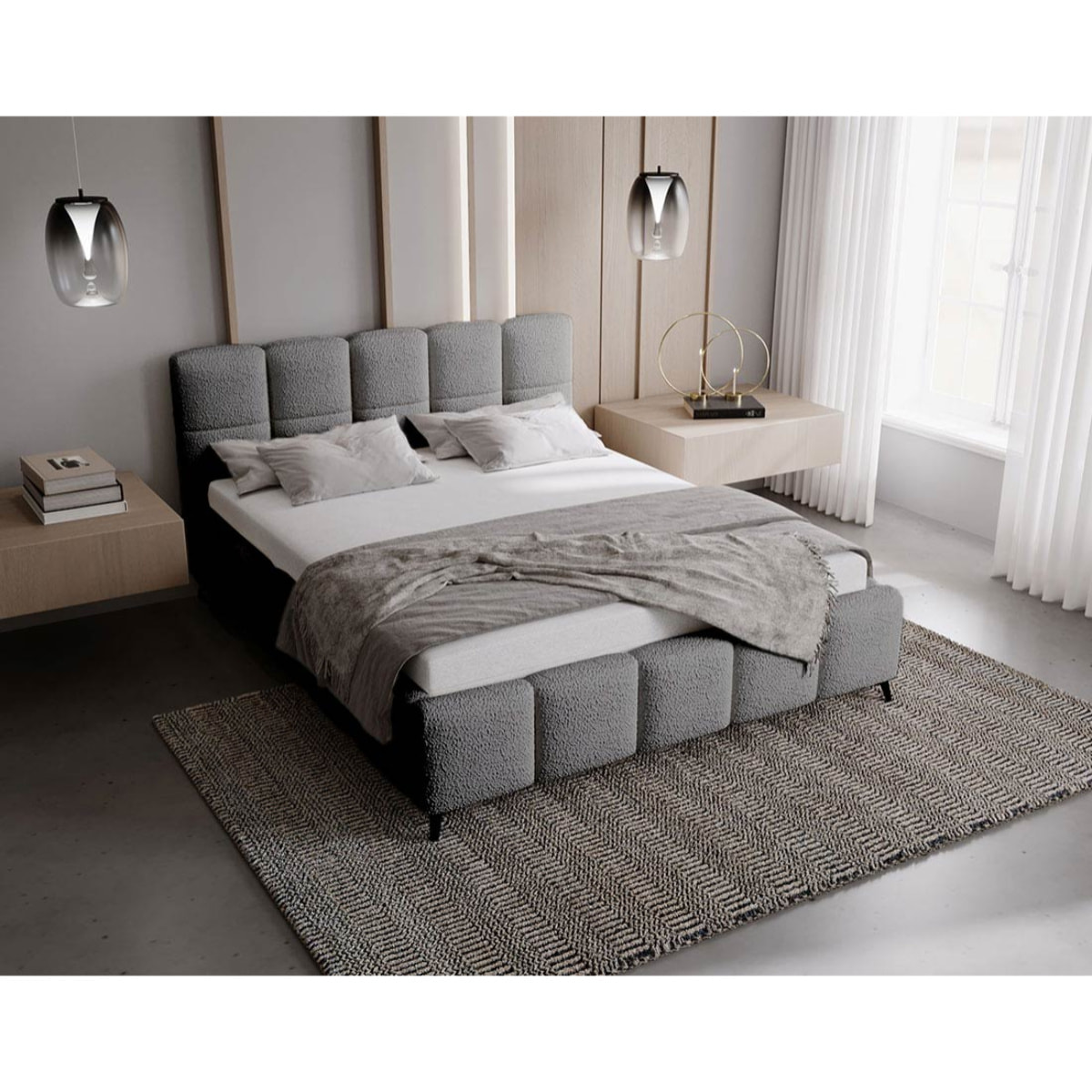 Paulito - lit coffre - 180x200 cm - sommier inclus - en tissu bouclette - Gris