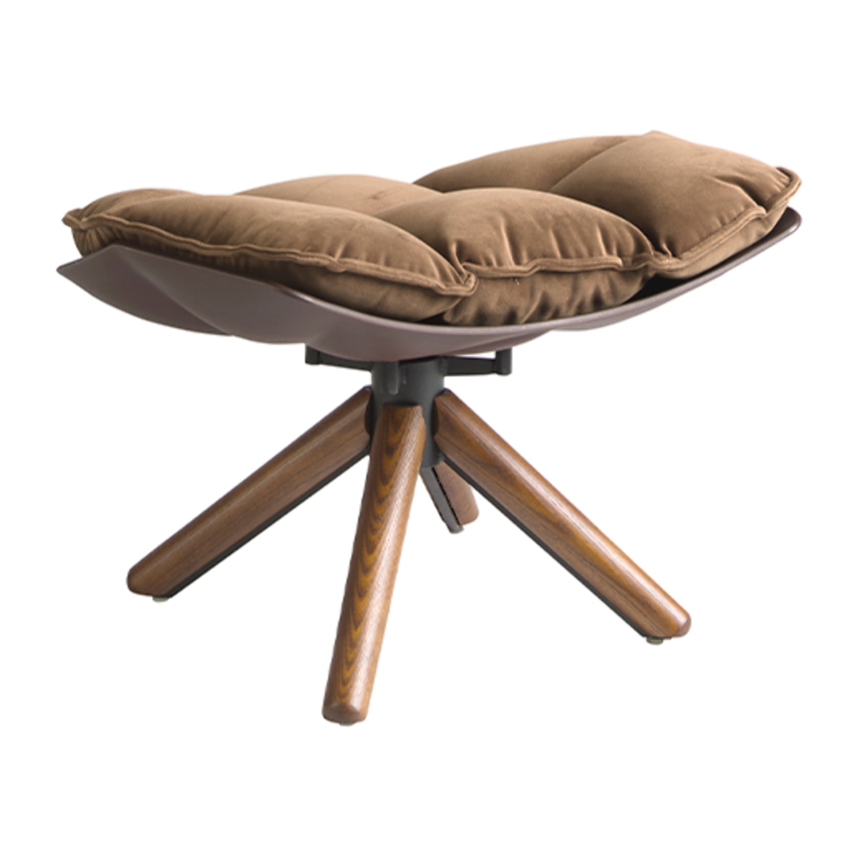 Ottoman tapizado en tela aterciopelada en marrón con estructura de patas de madera en nogal 69x54x41cm