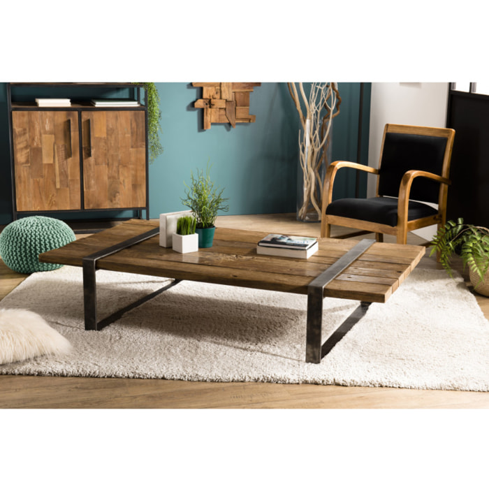 LEONCE - Table basse multi-planches marron bois massif cerclée métal gris anthracite