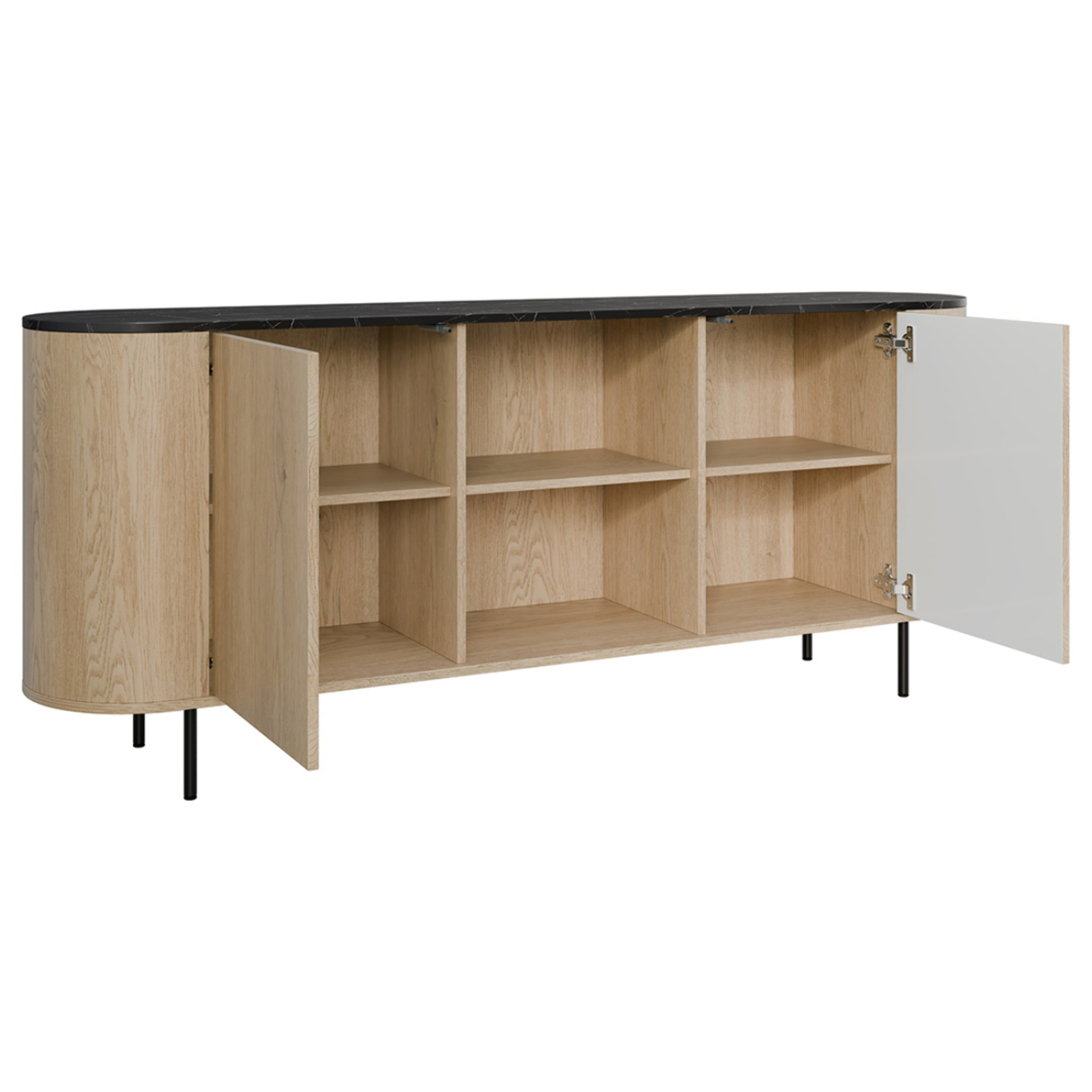 Sansa - buffet bas 184 cm - 2 portes, 2 niches et 2 étagères - plateau effet marbre - Bois / Noir
