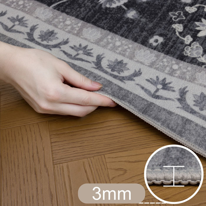 INKA - Tapis noir à poils courts doux à motif floral vintage