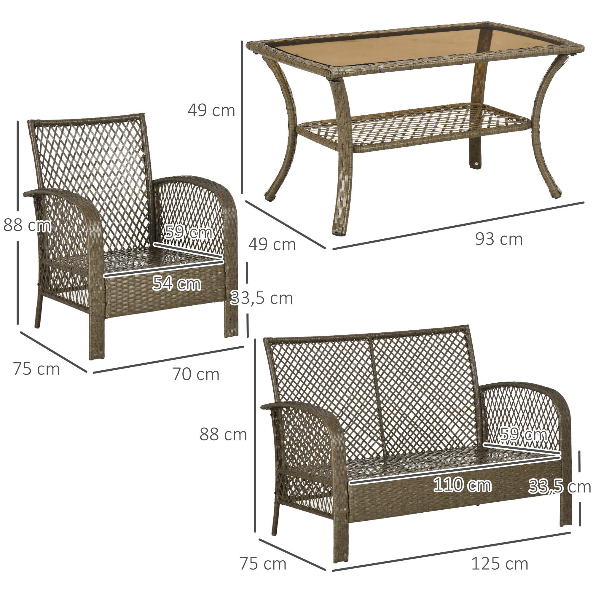 Salon de jardin 4 places 4 pièces style colonial table basse coussins beige inclus résine tressée marron