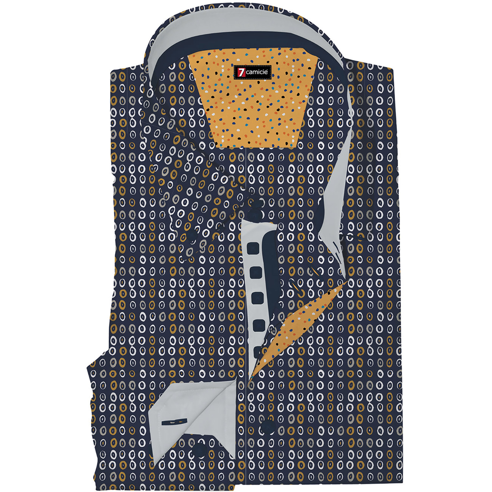 Camicia Uomo 2 Bottoni Button Down Slim Popeline Stampato Blu e Senape