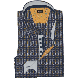 Camicia Uomo 2 Bottoni Button Down Slim Popeline Stampato Blu e Senape