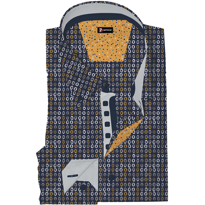 Camicia Uomo 2 Bottoni Button Down Slim Popeline Stampato Blu e Senape