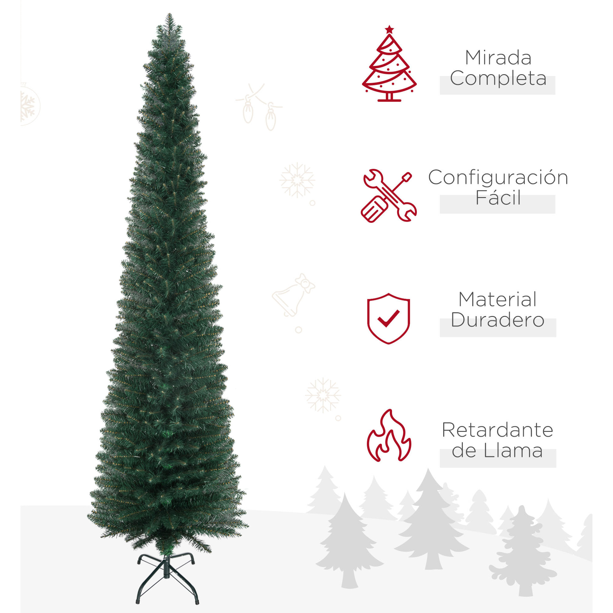 Árbol de Navidad Estrecho 210 cm, Árbol de Navidad Artificial con 510 Ramas, Base Plegable y Soporte Metálico, Fácil Montaje, para Salón, Interior, Verde