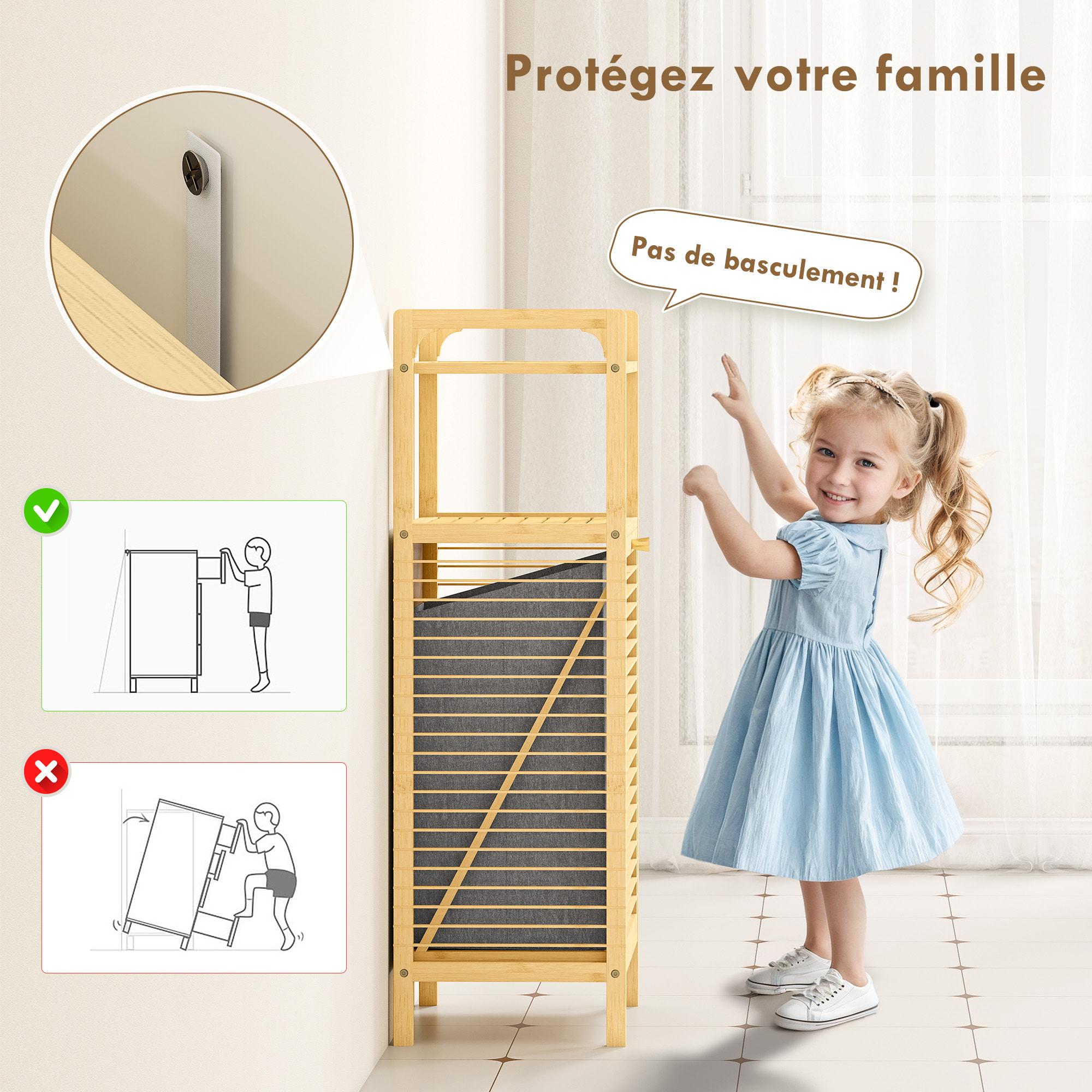 Meuble de rangement à linge en bambou, meuble de salle de bain avec étagère, panier à linge basculant, porte à lattes et sac de rangement amovible, 40 x 30 x 95 cm, effet bois naturel