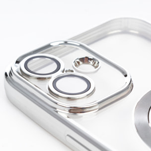 Cover trasparente con camera coperta, bordi argentati, antishock e anti-impronta. Magsafe per iPhone 16 Plus.