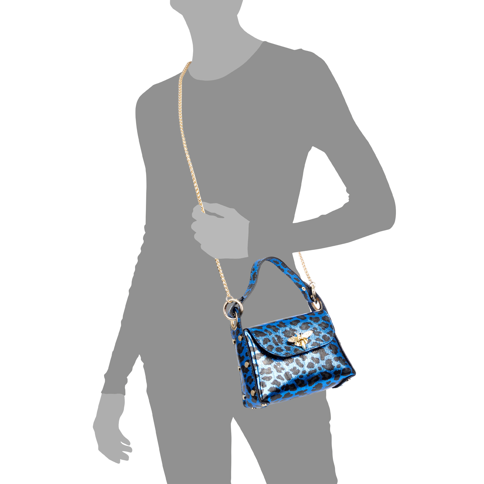 Aquileia bolso de mano mujer. Piel auténtica Gamuza con estampado animal print leopardo lacada brillante.