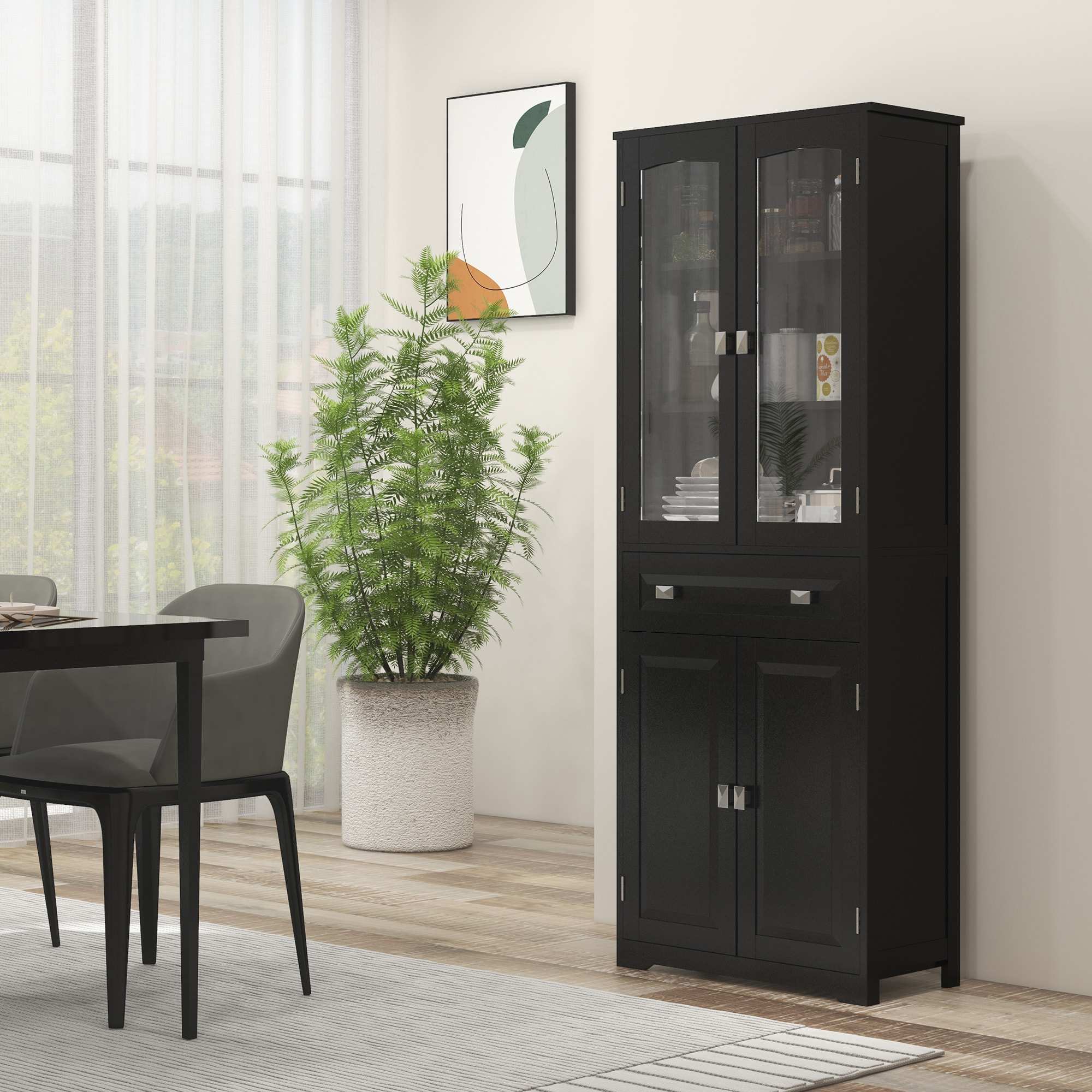Armoire de cuisine buffet haut 4 portes 3 étagères tiroir verre trempé panneaux MDF noir